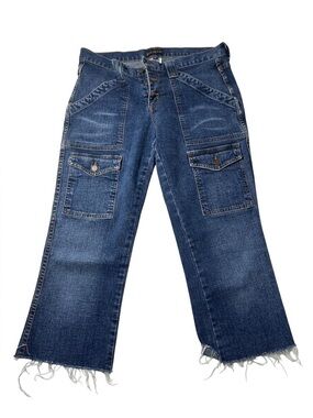 Vintage Y2K Bebe Denim Bush Pants – Distressed Raw Hem Cargo Jeans